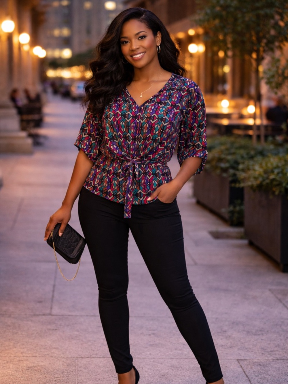 Miss Tina by Massini Geometric Kimono Top Tie Waist Multicolor Boho Blouse‎